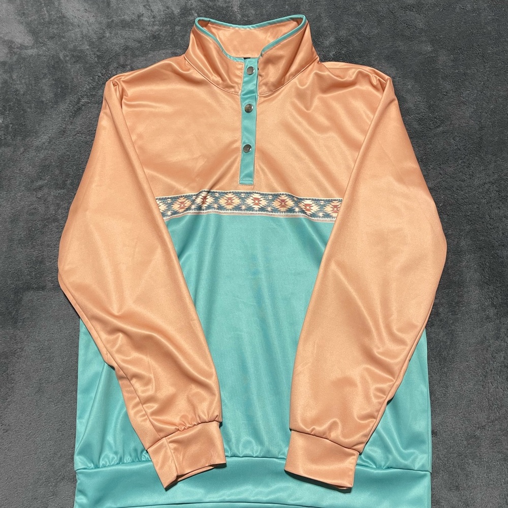 Peach and Teal Pullover with Patterned Detail